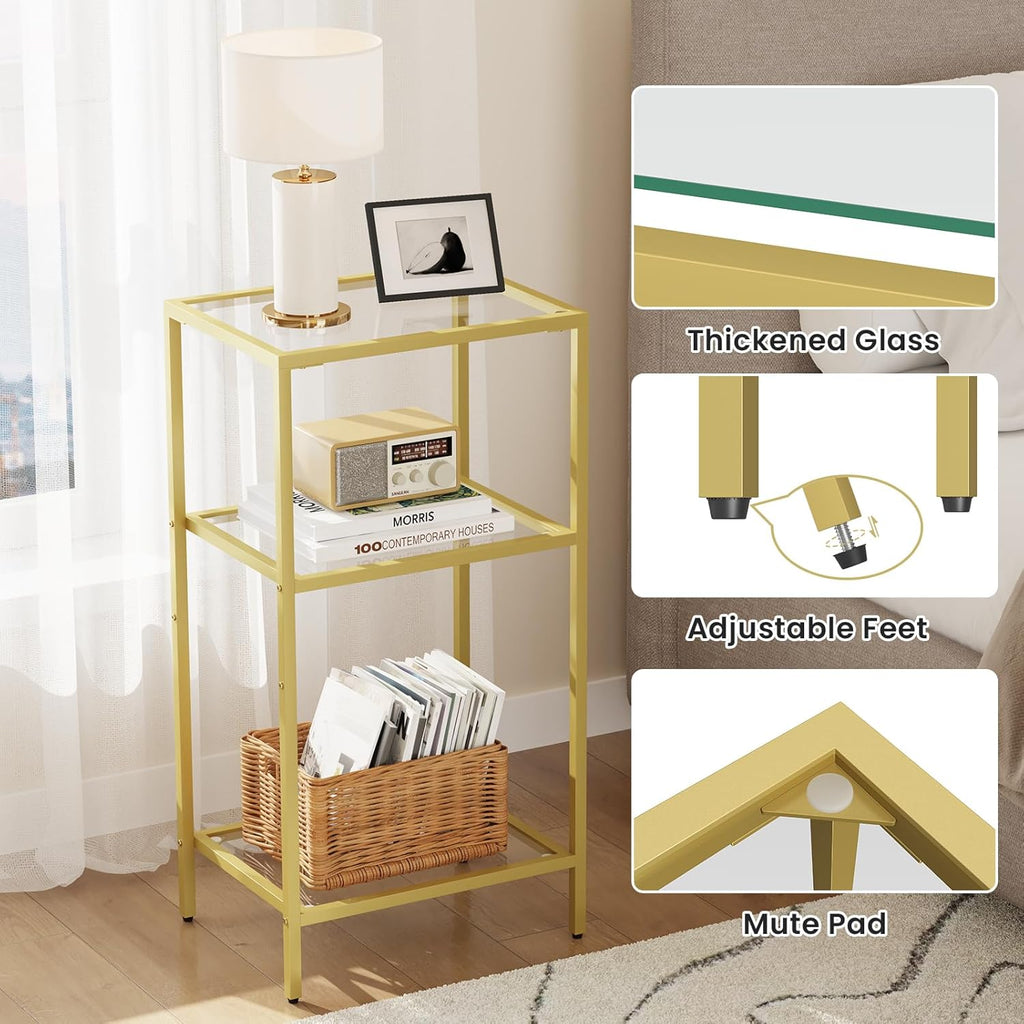 Side Tables Set of 2, Tempered Glass End Table with Metal Frame, 3-Tier Small Nightstands with Storage Shelves,Tall Table Stand for Home Decor, Living Room, Bedroom, Office, Gold（2 Pack）