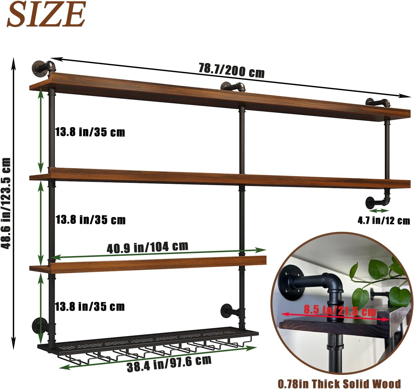 Solid Wood Wall Mounted Wine Rack, Large Wine Rack with LED Light, 4 Tiers Liquor Bottles Floating Shelves with Glass Holder, Industrial Bar Shelves for Home Bar Dining Room(78.7 in/ 200CM)