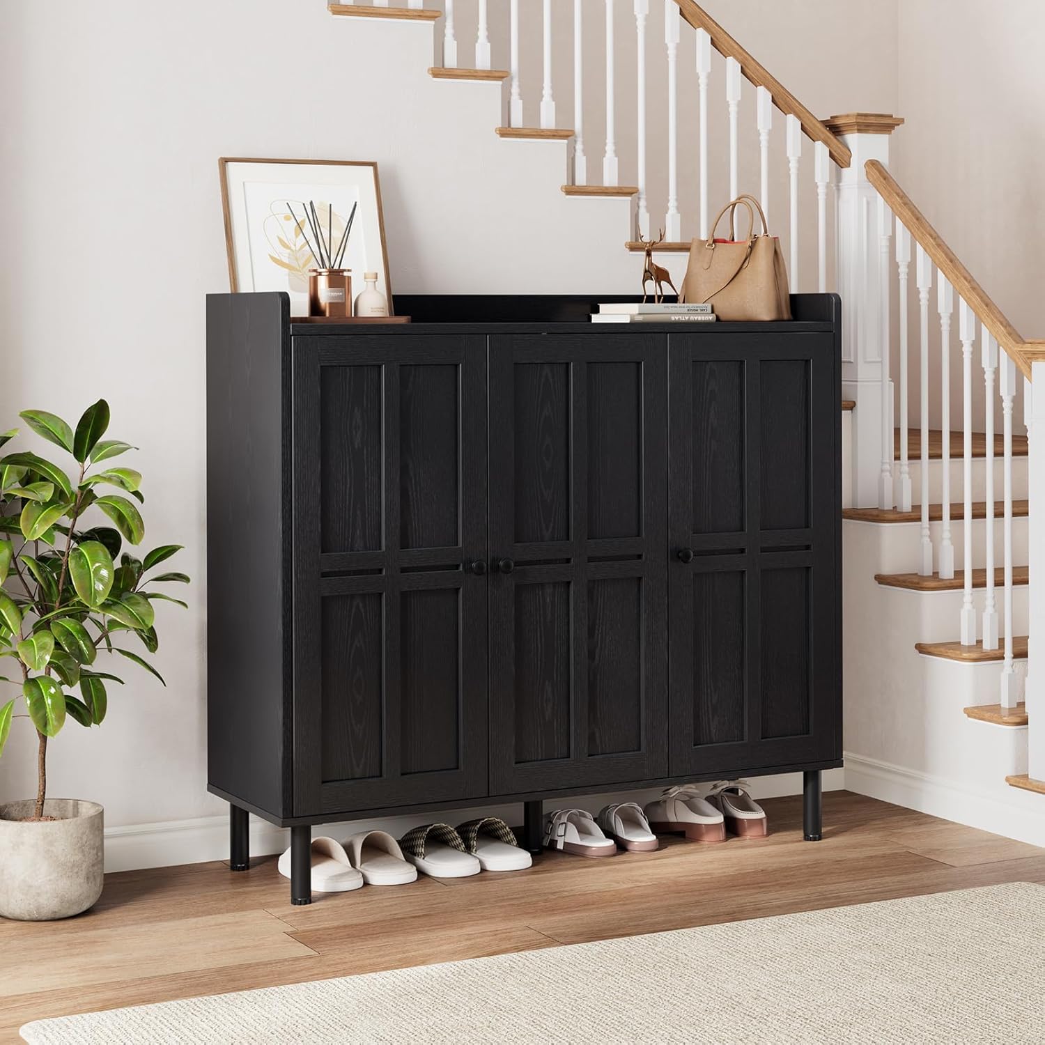 5+2 Tier Shoe Storage Cabinet with 3 Doors, 40" Tall Entryway Cabinet for 30 Pairs Shoe, Shoe Rack Organizer with 5 Adjustable Shelves & Metal Legs, Shoe Storage for Front Door Entrance, Black