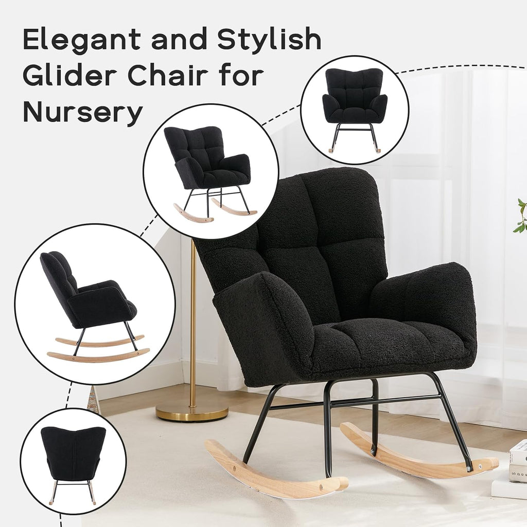 Modern Nursery Rocking Chair, Upholstered Glider Chair with High Backrest, Rocker Accent Armchair with Solid Wood Legs for Nursery Bedroom Living Room (Black Teddy)