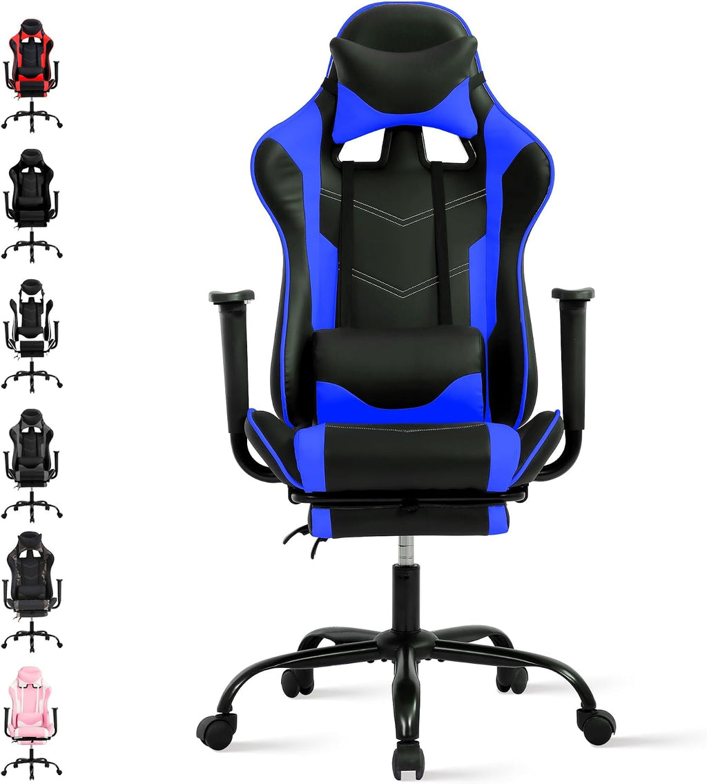 Gaming Chair, High Back PU Leather Gaming Chairs Computer Chair with Headrest & Lumbar Support, Height Adjustable Wide Seat Gaming Chairs for Adults, Game Chair with Footrest & Armrest (Blue)