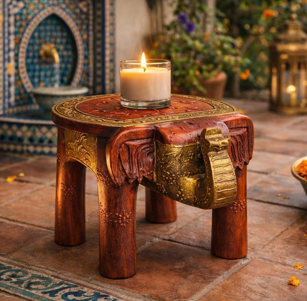 End Table, Handmade Wooden Elephant Side Table, Small Round End Table, Nightstand with Tapered Legs, for Small Spaces, Living Room, Bedroom, Rustic Wooden Stools