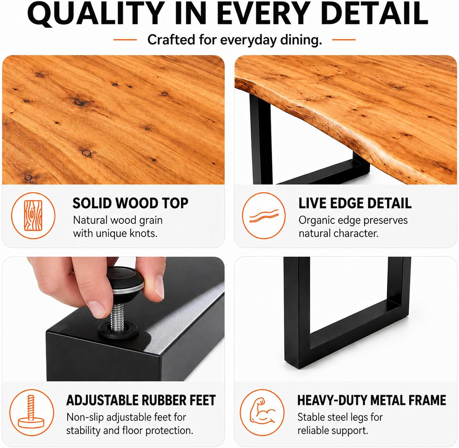 Farmhouse Live Edge Dining Table, Solid Wood Dining Table with 2" Table Top & Metal Base, Wood Slab Industrial Live Edge Desk for Kitchen & Dining Room 2,4,6 People (63 * 31.5 * 29.5IN)