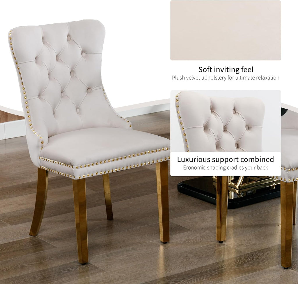Velvet Dining Chairs Set of 4, Mid Century Tufted Dining Room Chairs with Nailhead Back Ring, Metal Legs, Modern Style for Kitchen, sillas de comedor (Beige, Golden Legs, 4 Pcs)