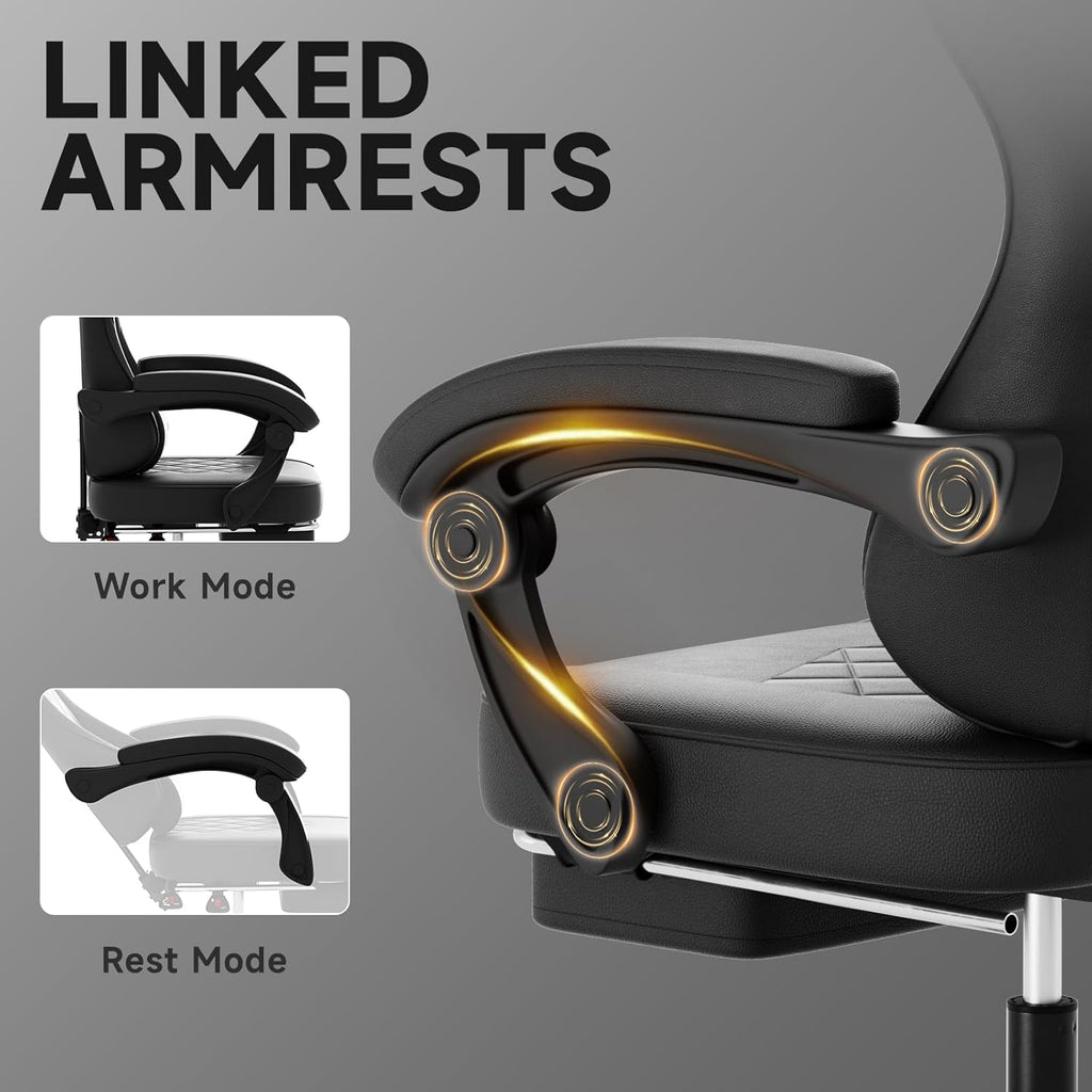 Gaming Chair with Footrest, Ergonomic Leather Computer Chair with Lumbar Support, Height Adjustable High Back Swivel Office Chair for Adults, Gamer Chair for Gaming, Working,Black
