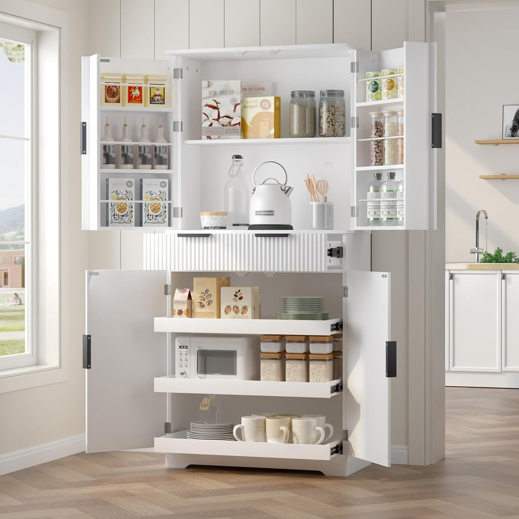 72" Fluted Kitchen Pantry Cabinet with 3 Pull Out Cabinet Organizers, 6 Door Shelves & 1 Drawer, Large Farmhouse Freestanding Cupboard for Kitchen, Dining Room, Living Room (White)