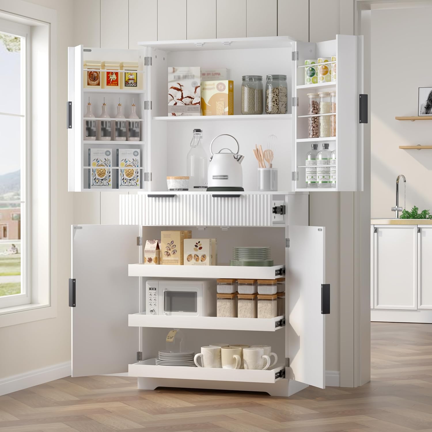 72" Fluted Kitchen Pantry Cabinet with 3 Pull Out Cabinet Organizers, 6 Door Shelves & 1 Drawer, Large Farmhouse Freestanding Cupboard for Kitchen, Dining Room, Living Room (White)