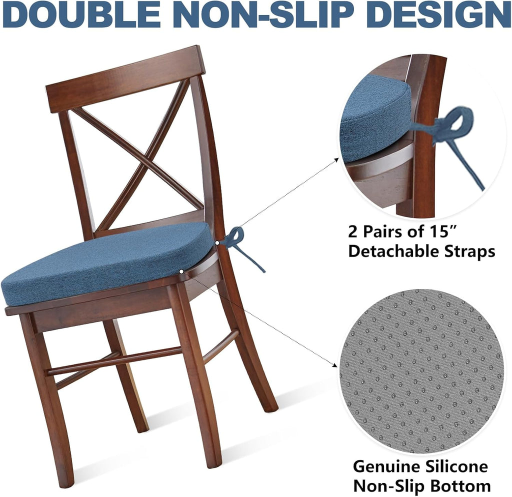 Shinnwa Chair Pads for Dining Chairs Set of 4, Non-Slip Kitchen Chair Cushions with Detachable Straps and Machine Washable Cover, 4 Pack, 17x16x2in, Blue