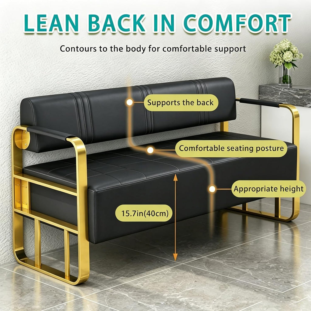 Waiting Room Bench with Backrest, Faux Leather Upholstered Reception Bench & Stainless Steel Frame - for Hair Salons, Offices, and Hotels