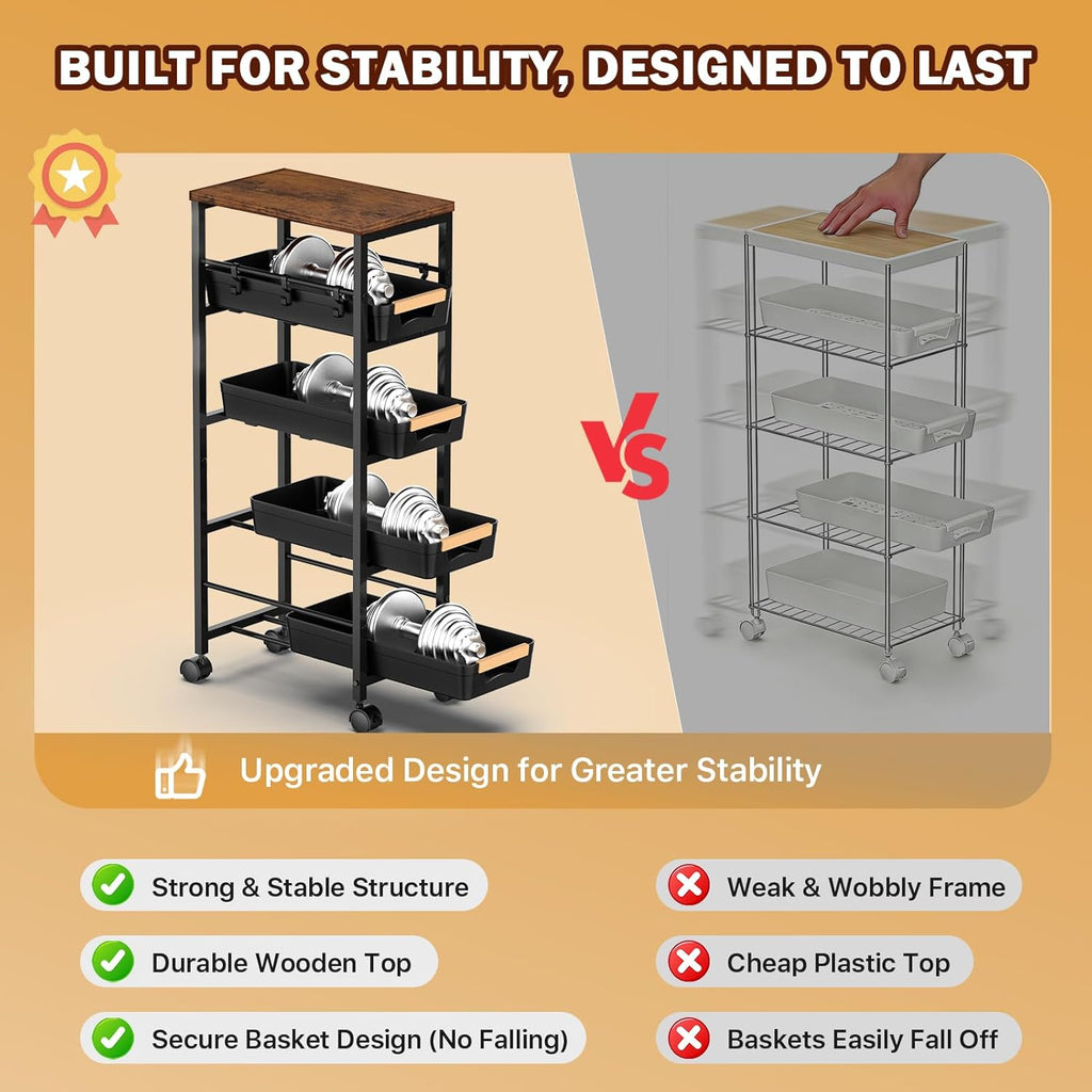SUNALLY Slim Storage Cart with Pull-Out Baskets, 5-Tier Rolling Kitchen Cart with Wooden Top & Lockable Wheels, Narrow Space Utility Cart Organizer for Kitchen, Bathroom, Laundry Room, Black