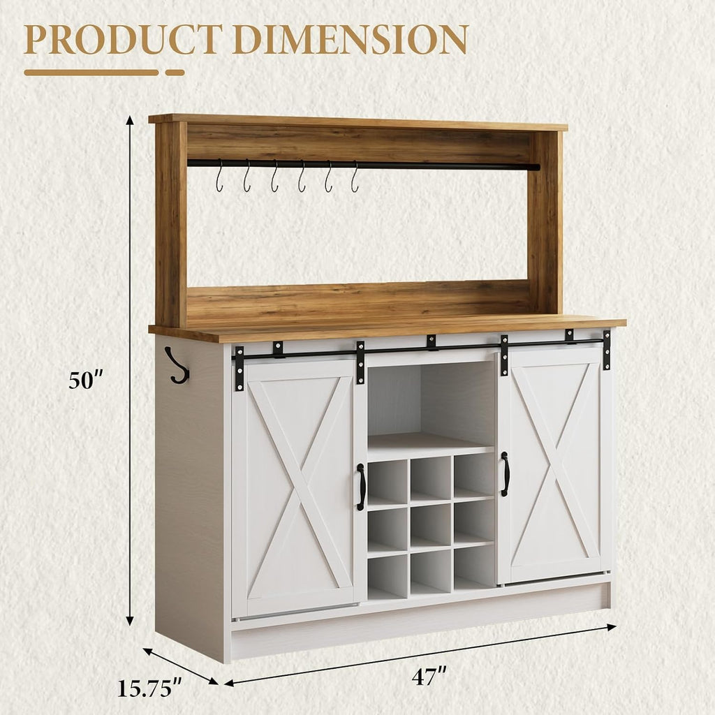 4ever2buy Farmhouse Coffee Bar with Hutch, Coffee Bar with Storage & 6 Hooks, 47 Inch Bar Cabinet with Sliding Barn Door and Adjustable Shelves for Living Room Kitchen, White