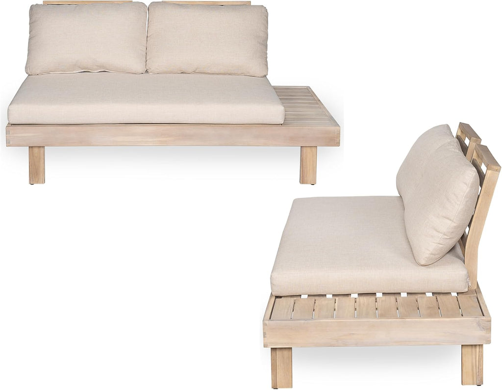 Merax 5 Piece Paito 8-Seaters Conversation Set, All-Weather Acacia Wood L-Shaped Sofa with Side Tables and 3-Seater Sofa Bed with Cushions,Outdoor Sectional Couch Set for Backyard, Light White+Sand