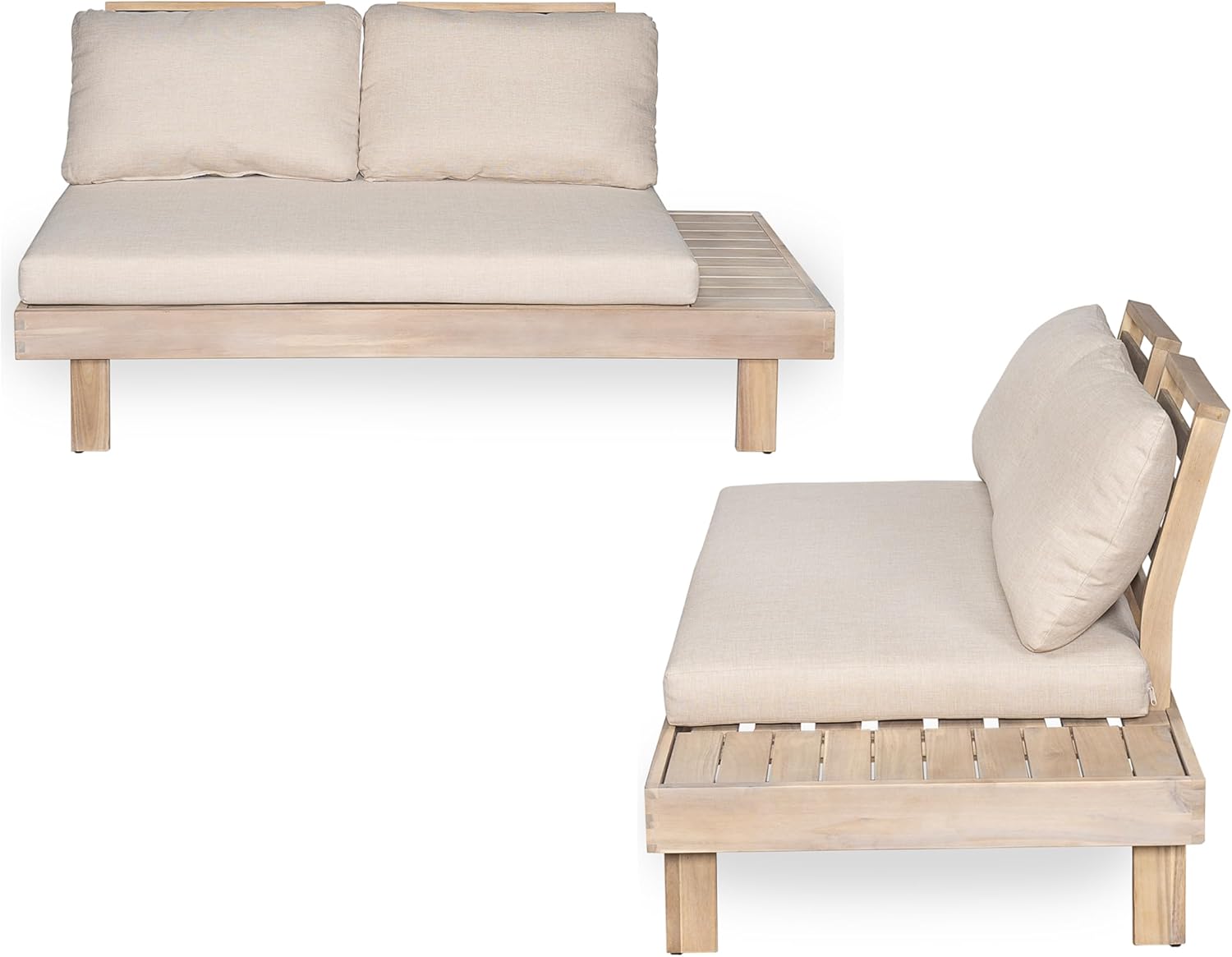 Merax 5 Piece Paito 8-Seaters Conversation Set, All-Weather Acacia Wood L-Shaped Sofa with Side Tables and 3-Seater Sofa Bed with Cushions,Outdoor Sectional Couch Set for Backyard, Light White+Sand