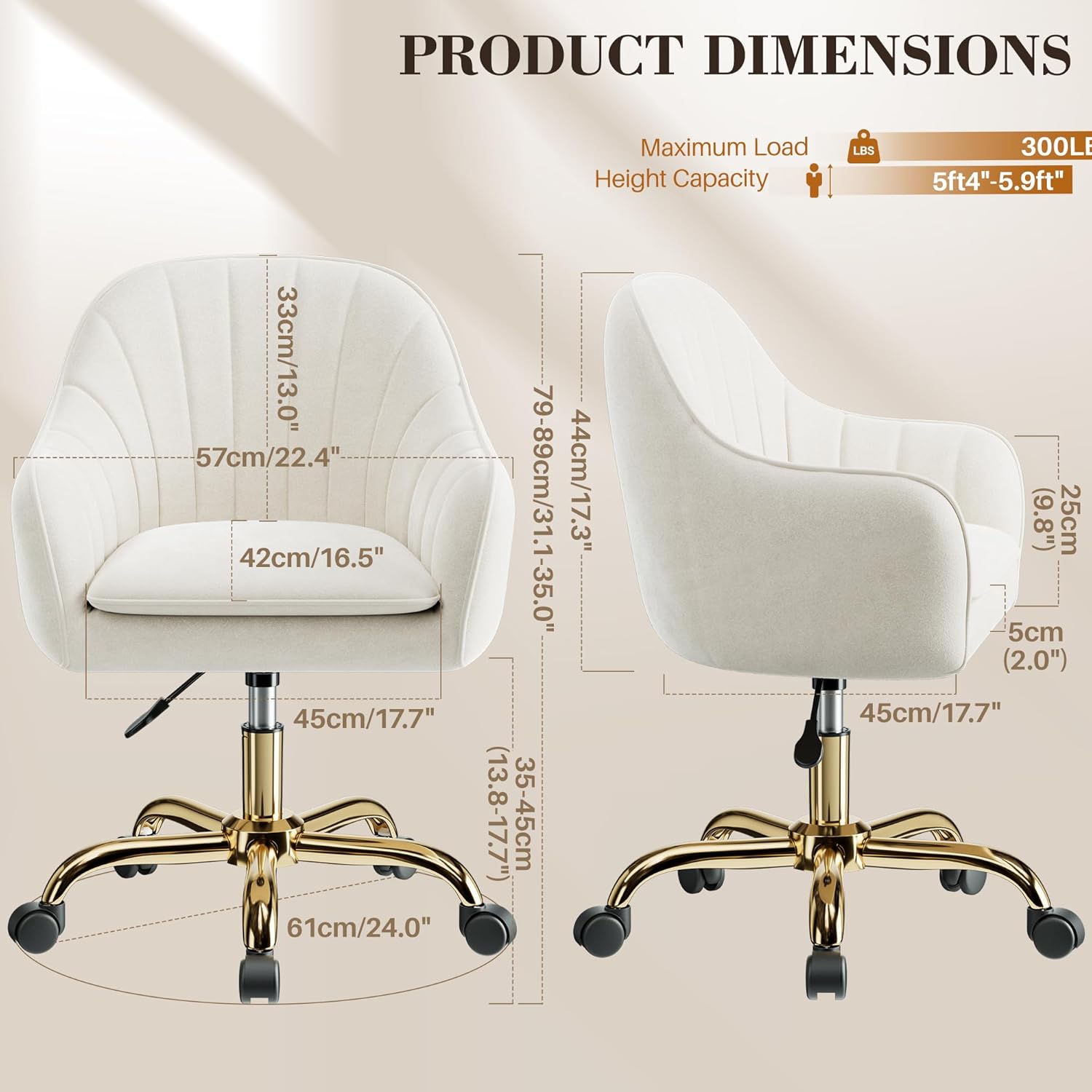 Vanity Chair with Wheels, Adjustable Swivel Desk Chair, Velvet Home Office Makeup Chair with Gold Base, Beige