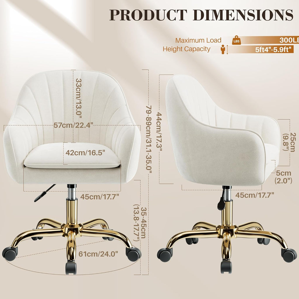 Vanity Chair with Wheels, Adjustable Swivel Desk Chair, Velvet Home Office Makeup Chair with Gold Base, Beige