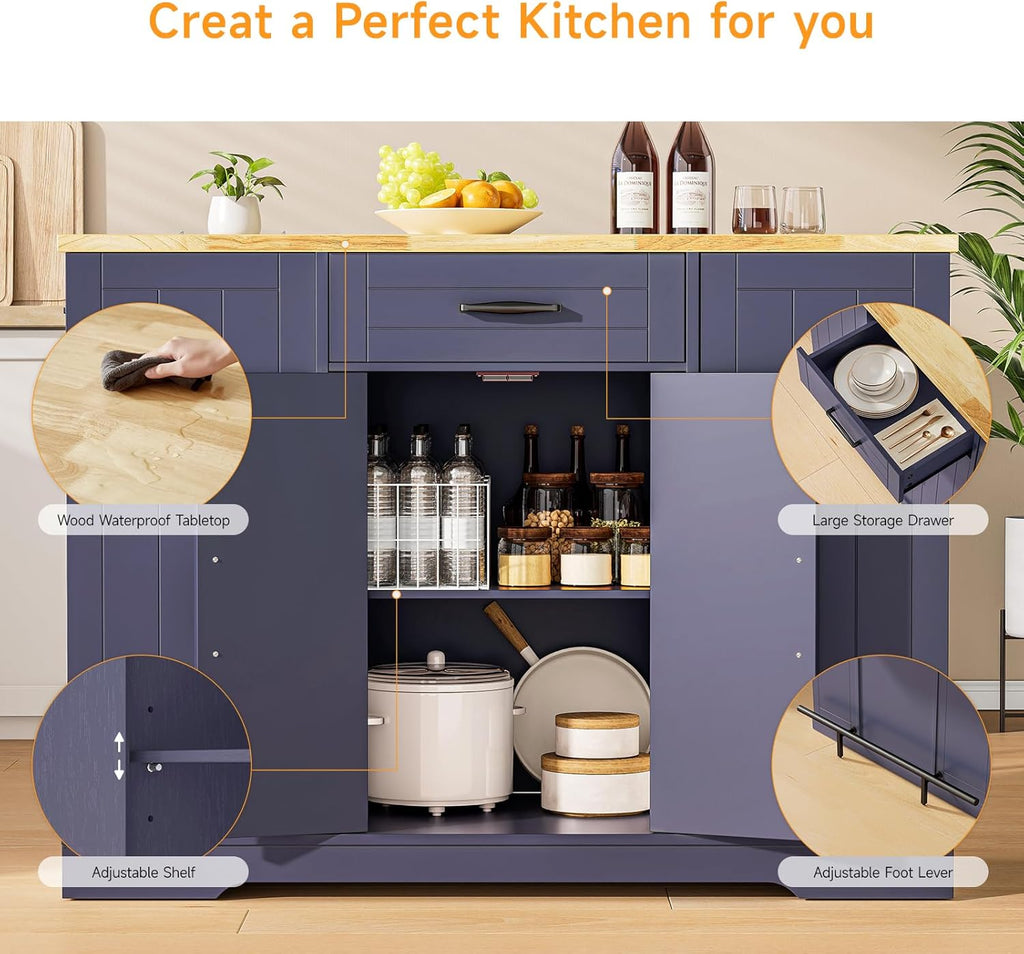 ONBRILL Stationary Kitchen Islands Include 2 Chairs, 47" Kitchen Island with Drop Leaf, Home Bar Table with Spice Rack & with Trash Cabinet, Island Table for Dining Room with Power Outlet, Blue