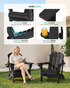 Ciokea Folding Adirondack Chair Wood Texture 2 Pack, Patio Adirondack Chair Weather Resistant, Plastic Fire Pit Chair with Cup Holder, Lawn Chair for Outdoor Porch Garden Backyard Deck (Black)