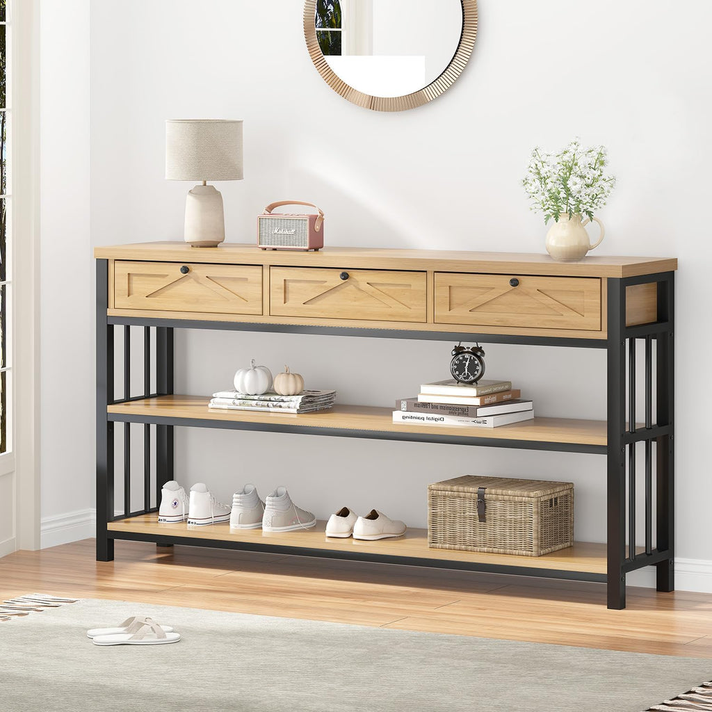 HSH Sofa Table with Storage, 55” Wood Entryway Table with 3 Drawers, 3 Tier Console Table Behind Couch for Living Room, Farmhouse Wooden and Metal Entry Hallway Table for Entrance, Oak, 55 in
