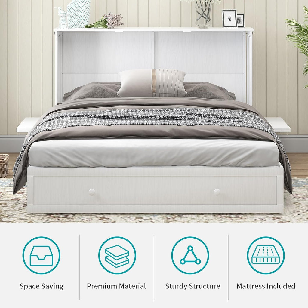 BALUS Queen Murphy Bed, Cabinet Murphy Bed with 2 Storage Drawers-White | USB Charing Station, Spacious Drawer, Space Saving, Queen Bed Frame