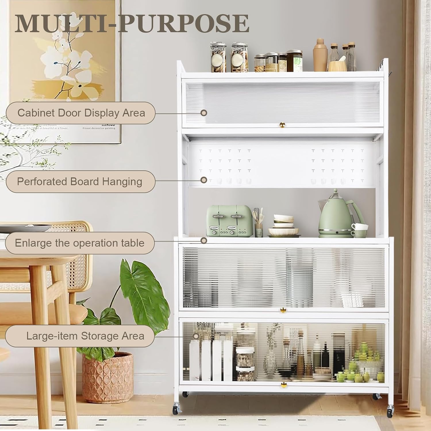 Kitchen Pantry Storage Cabinet with Shelf, Multi-Layer Metal Pantry Cabinet on Wheels, Modern Sideboard for Dining Room, Living Room