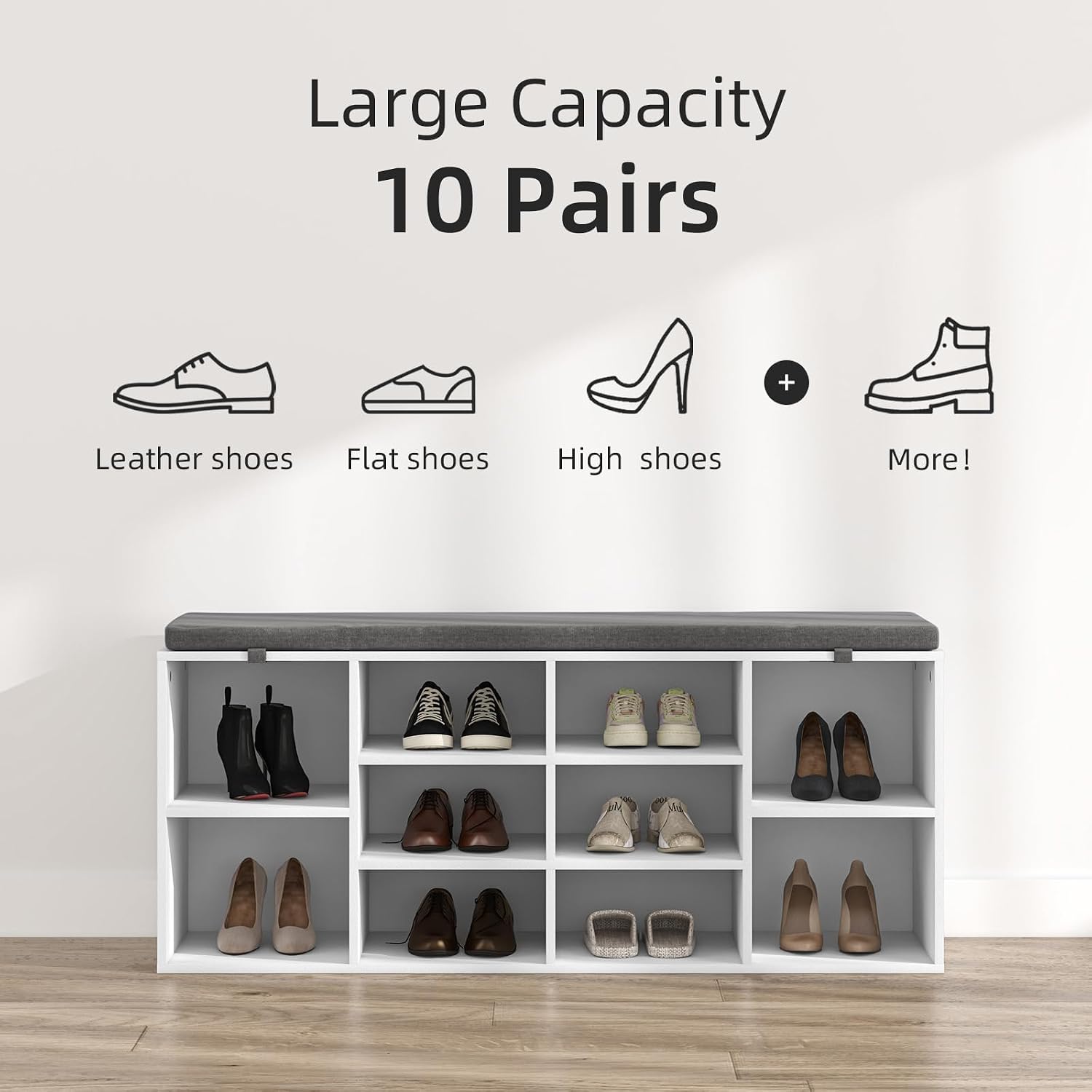 NUNU LAB Shoe Storage Bench, Shoe Bench with Removable Cushion 10 Cubbies, Space Saving Shoe Rack, 41 x 12 x 16.75 Inches, White