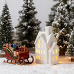 White Christmas Village Houses,LED Lighted Ceramic White Small House and Xmas Tree Tabletop Figurines, Light Up Christmas Decorations for Home Shelf Cabinet Table Winter Deco