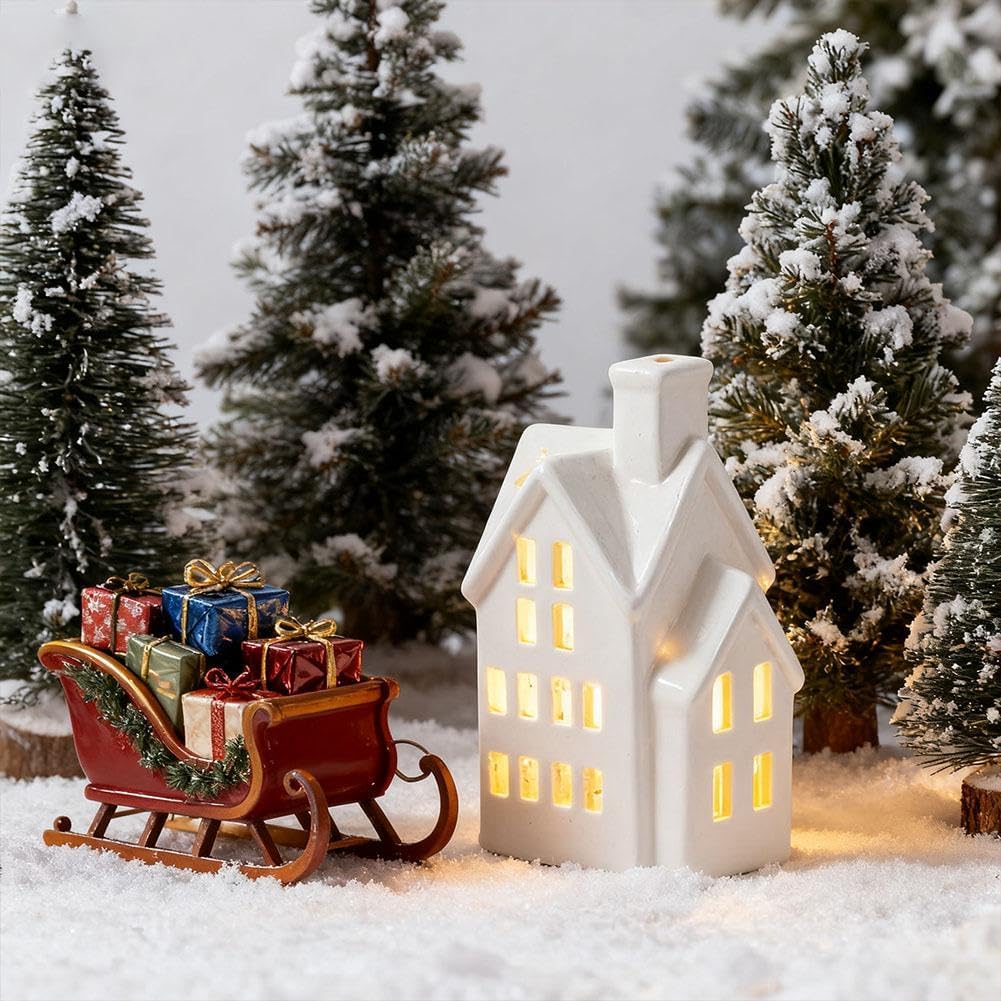 White Christmas Village Houses,LED Lighted Ceramic White Small House and Xmas Tree Tabletop Figurines, Light Up Christmas Decorations for Home Shelf Cabinet Table Winter Deco