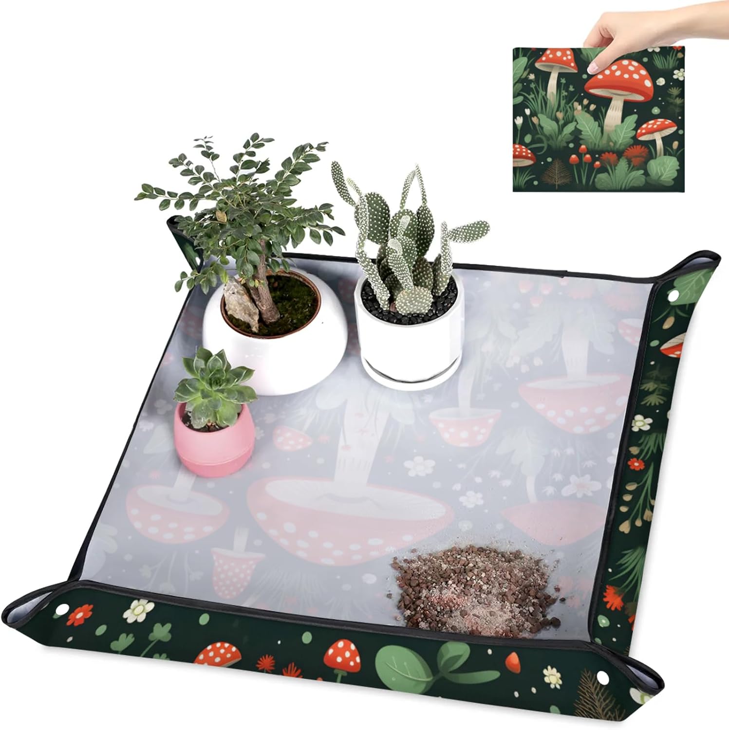 Pardick Repotting Mat for Indoor Plant 26"x26" Flowers Mushrooms Soil Change Mat Waterproof Planting Tray Colorful Mushrooms Foldable Succulent Potting Mat Gardening Gifts for Women Men Plant Lovers