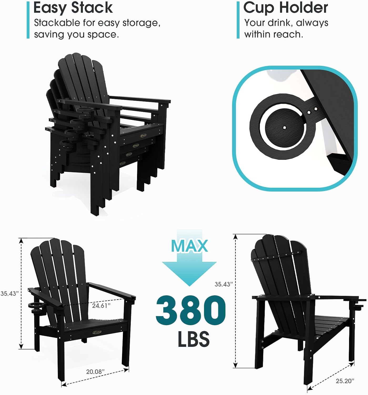THOEOE Stackable Adirondack Chair Set of 4, HDPE All-Weather Adirondack Chairs - Durable and Space Saving, Plastic Outdoor Fire Pit Chairs with Cup Holder,Black