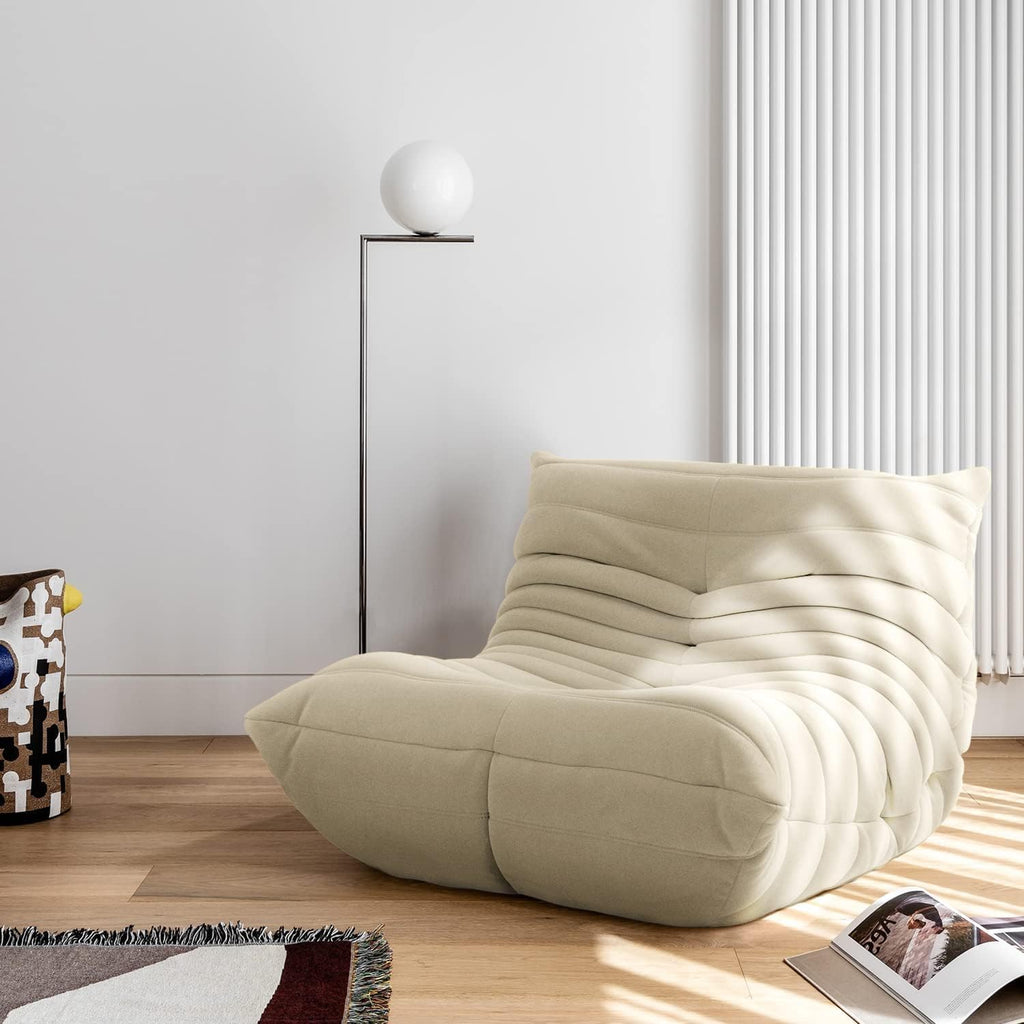 High-end Uncompressed Togo Bean Bag Chair for Adults, Memory Foam Floor Sofa Couch with Soft Fabric, Comfy Fireside Lounge Chair for Living Room, Bedroom, Apartment & Reading Nook Suede Antique White