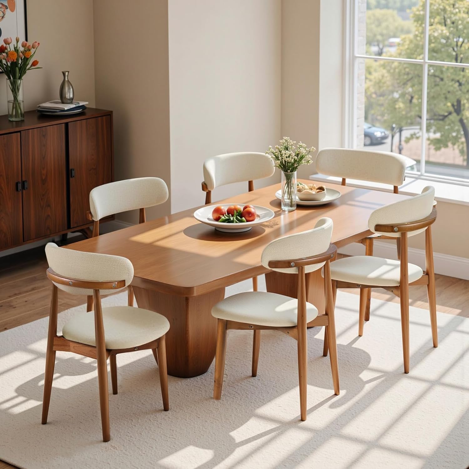 Solid Wood Dining Chair Set of 2, Breathable Fabric Upholstered Kitchen Chairs, Modern Farmhouse Style, Ergonomic Backrest, Rebound Sponge