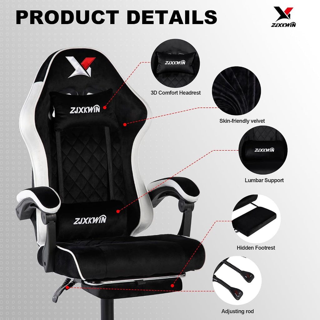 Velvet Gaming Chair, Ergonomic High Back Racing Chair with Footrest, Spring Wide Cushion, Adjustable Headrest & Lumbar Support, 90-135° Recline, 360° Swivel, 300lbs for Home Office, White