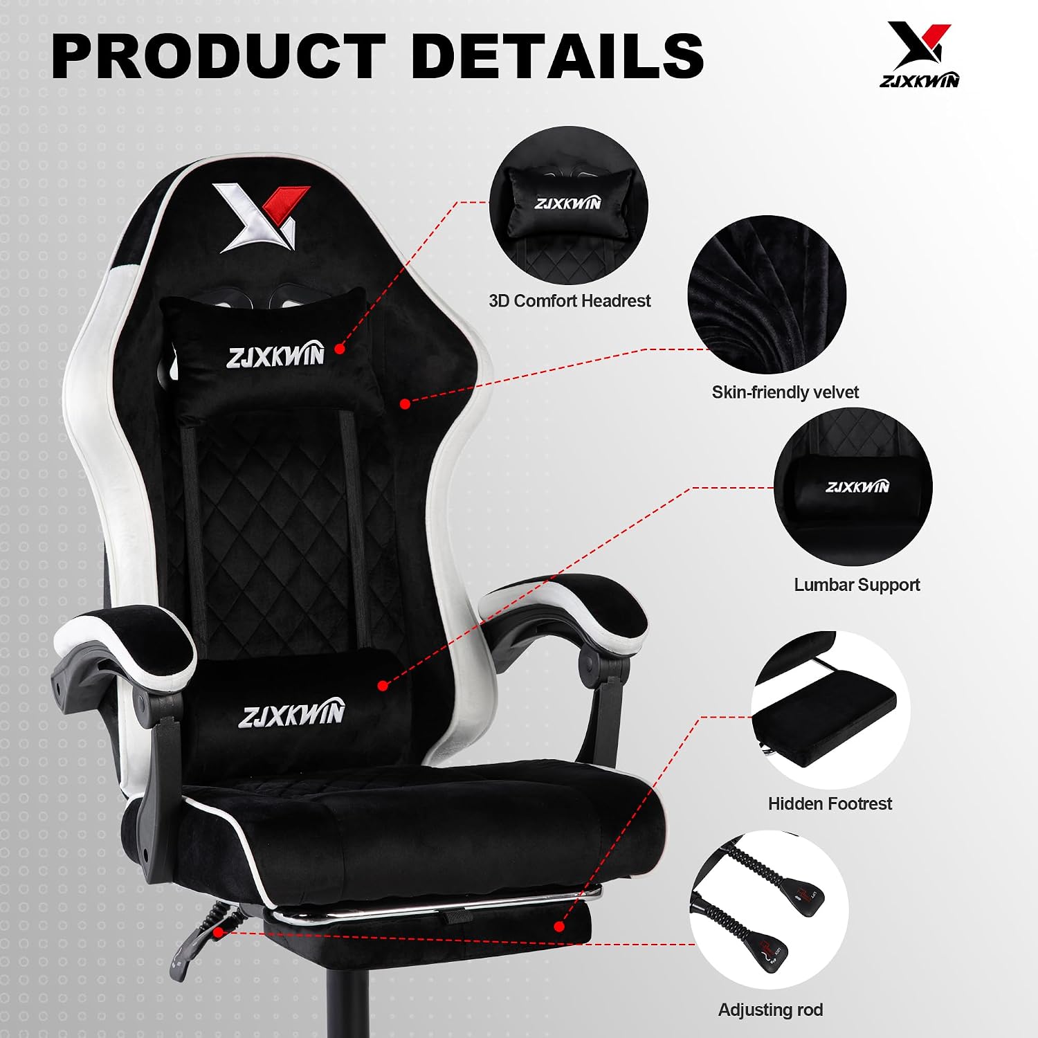 Velvet Gaming Chair, Ergonomic High Back Racing Chair with Footrest, Spring Wide Cushion, Adjustable Headrest & Lumbar Support, 90-135° Recline, 360° Swivel, 300lbs for Home Office, White
