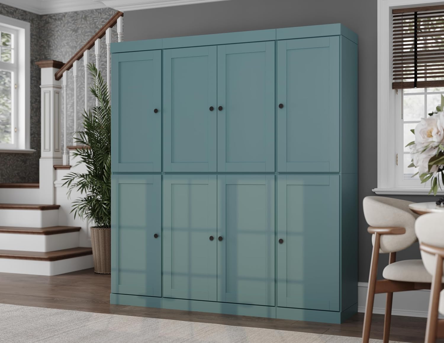 Palace Imports Solid Wood Pantry Cabinet - 71.5" Tall x 65" Wide - Wood Storage Cabinet w/ 8 Shaker Wooden Doors, 2 Drawers & 12 Adjustable Shelves - Aqua, Kitchen Cupboard, 100% Eco-Friendly Pine