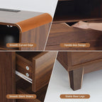 Nightstands Set of 2 with Charging Station, Mid Century Modern Night Stands with LED Light, 23.6" Wide Wood Bed Side Tables Bedroom, Large Bedside Table, Curved End Table with 2 Drawers| Walnut