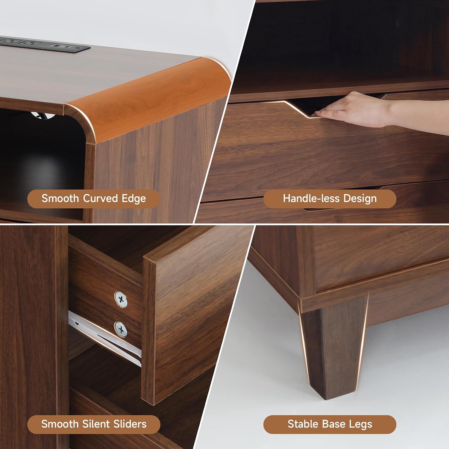 Nightstands Set of 2 with Charging Station, Mid Century Modern Night Stands with LED Light, 23.6" Wide Wood Bed Side Tables Bedroom, Large Bedside Table, Curved End Table with 2 Drawers| Walnut