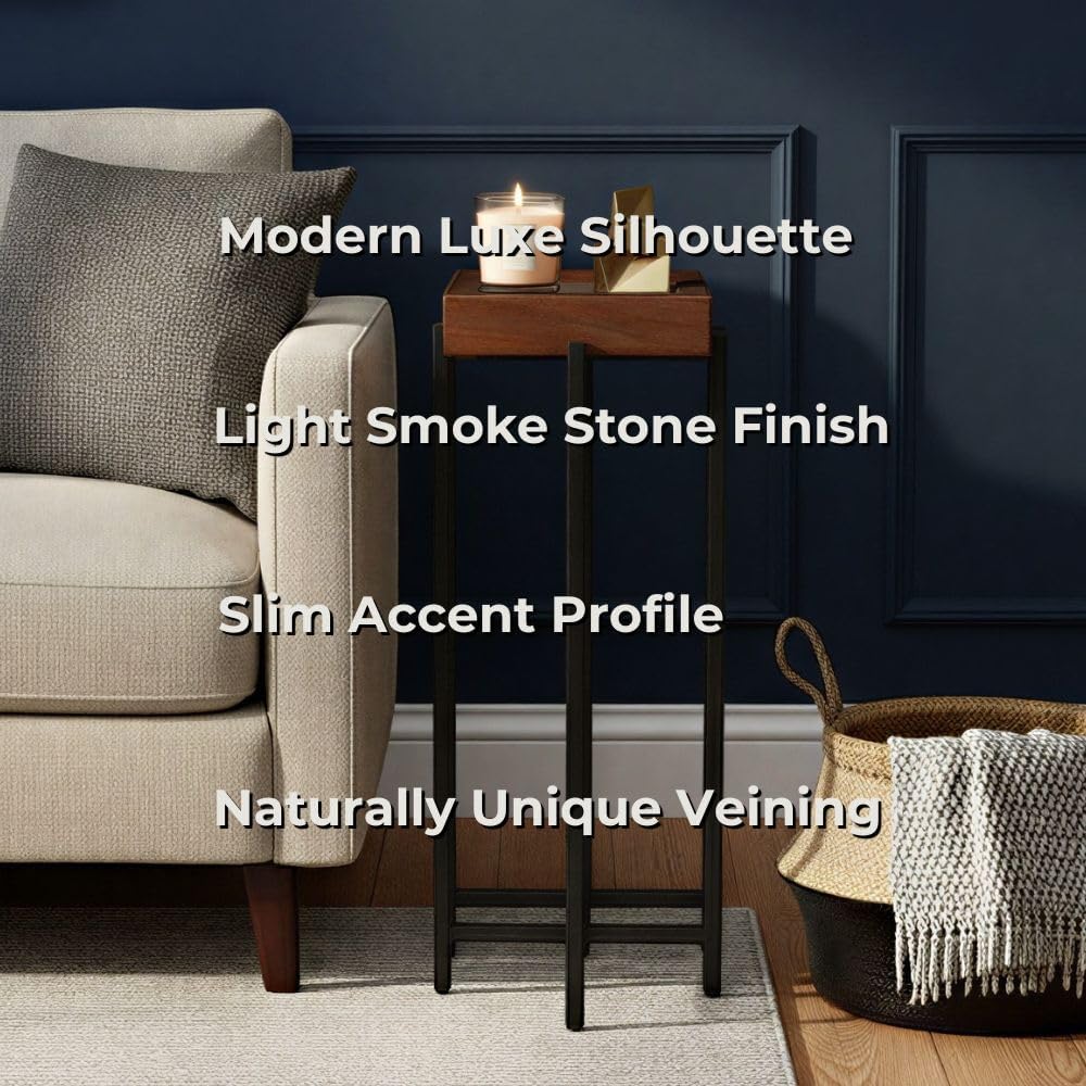 View Point Accent Table with Stone Top, Wood Frame, and Metal Base. Light Smoke.