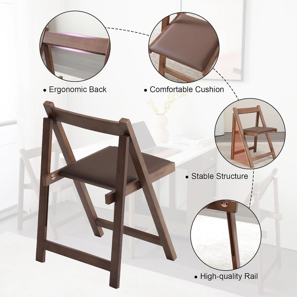 Folding Dining Chairs with Cushion, Padded Folding Chairs Lightweight, Modern Folding Patio Chairs, Wooden Dining Chairs, Foldable Chairs Set of 2 for Picnic, Camping, Office, Party, Walnut
