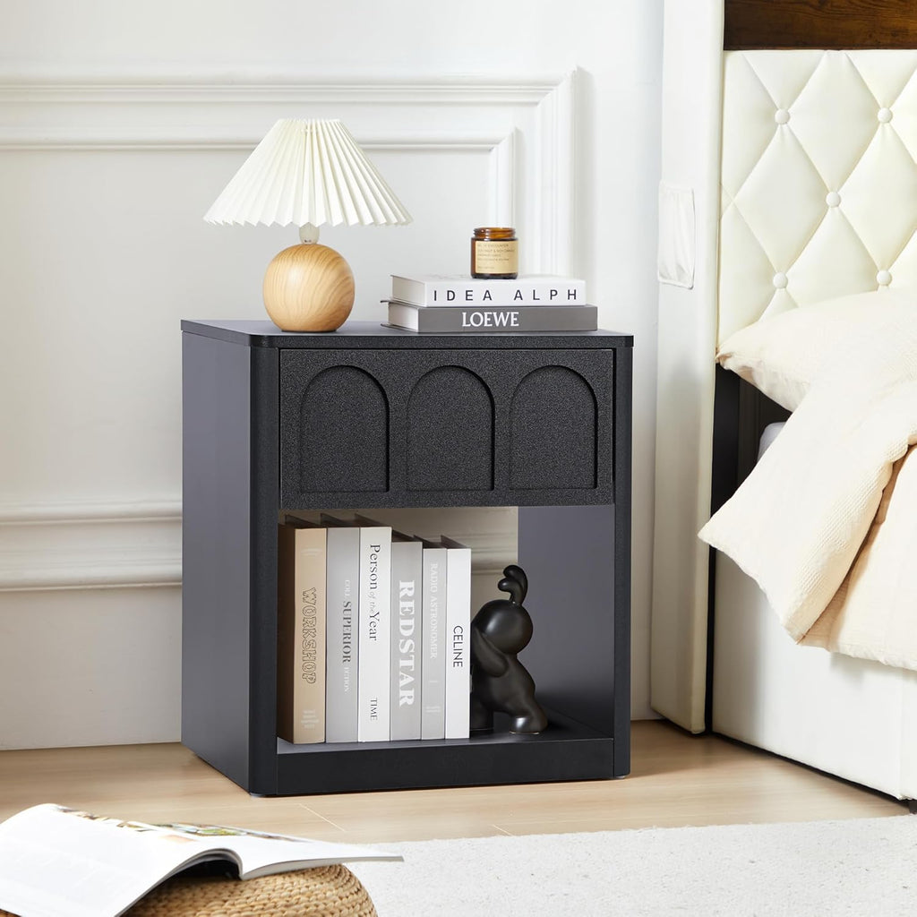 Wood Nightstand, 19.69" Wide Bedside Table with Arched Finish, Modern Night Stands with Curved Profile, Mid Century End Table for Bedroom Living Room (Black)