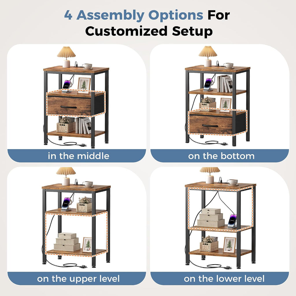 OLIXIS Nightstand with Charging Station, Beside Table with Fabric Drawer | 3-Tier End Table with 2 Storage Shelves,Night Stand with USB Ports and Outlets for Bedroom, Rustic Brown