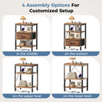 OLIXIS Nightstand with Charging Station, Beside Table with Fabric Drawer | 3-Tier End Table with 2 Storage Shelves,Night Stand with USB Ports and Outlets for Bedroom, Rustic Brown