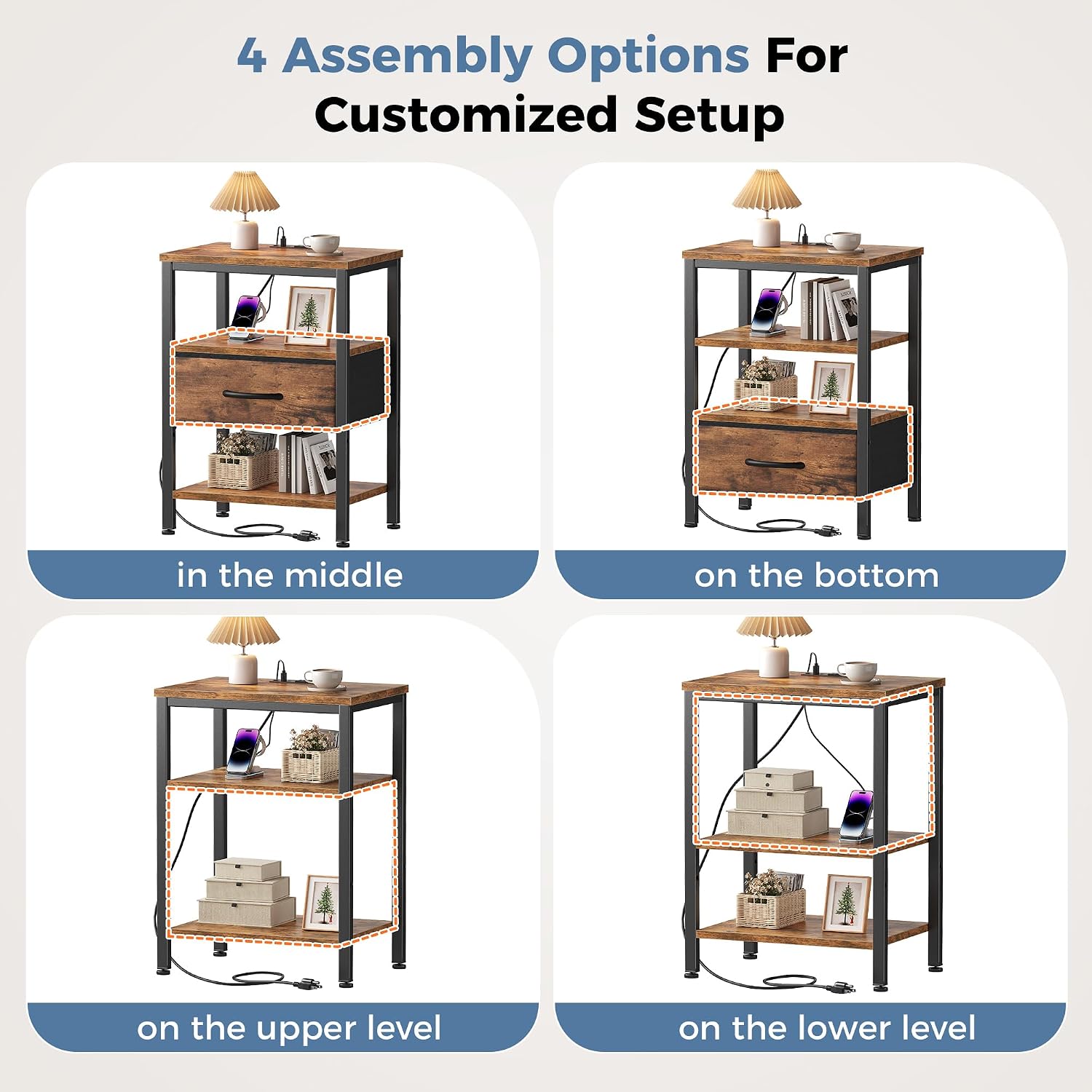 OLIXIS Nightstand with Charging Station, Beside Table with Fabric Drawer | 3-Tier End Table with 2 Storage Shelves,Night Stand with USB Ports and Outlets for Bedroom, Rustic Brown