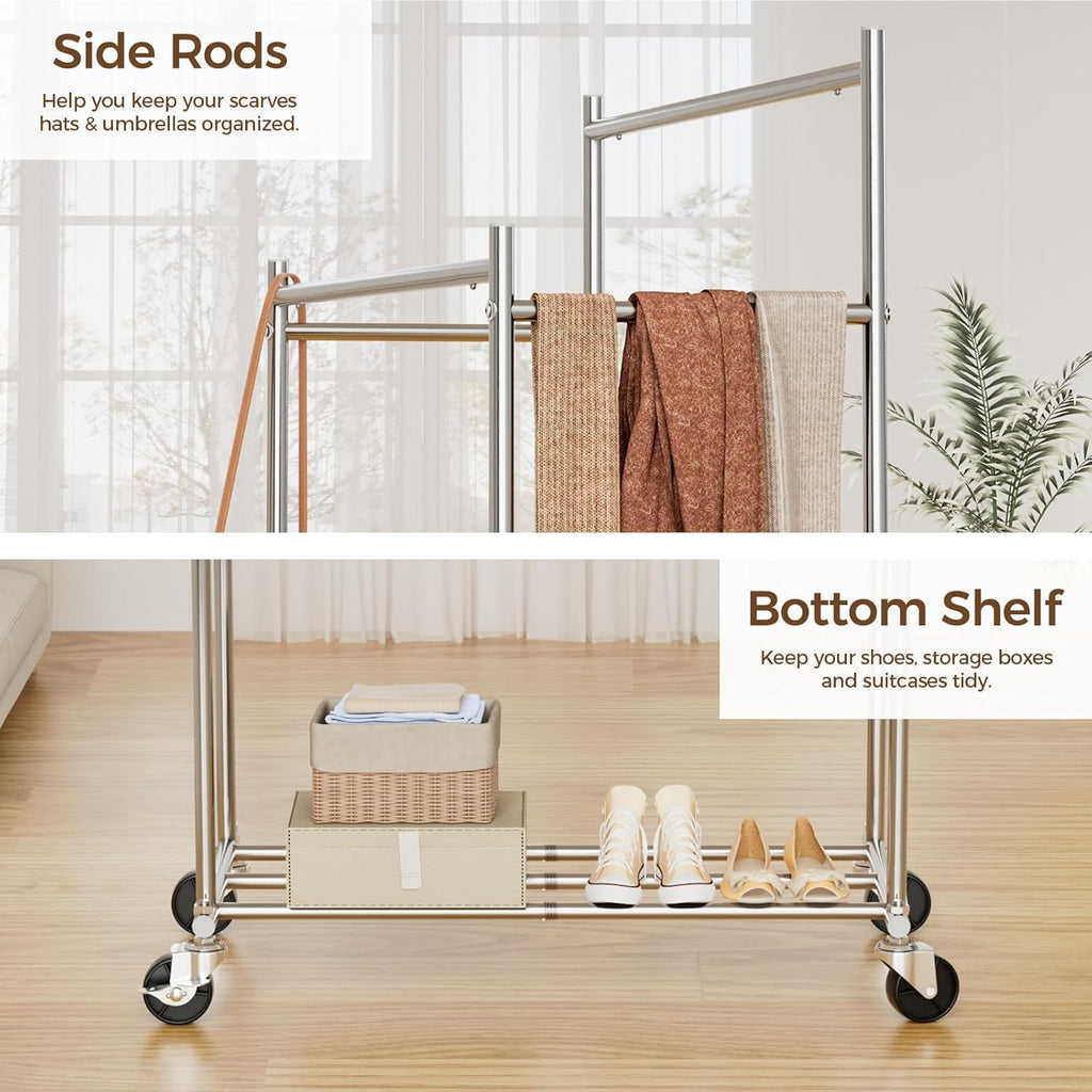 HYSEYY Clothes Rack,Double Rods Rolling Clothing Rack for Hanging Clothes load 400LBS,Portable Garment Coat Rack with Wheels Wardrobe Closet for Bedroom Laundry Room,Retail Store,Silver