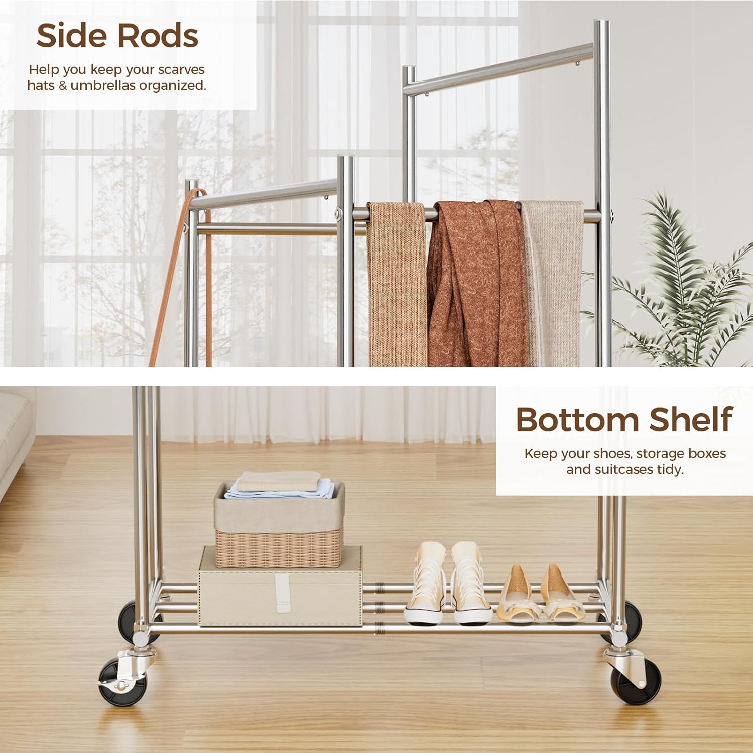 HYSEYY Clothes Rack,Double Rods Rolling Clothing Rack for Hanging Clothes load 400LBS,Portable Garment Coat Rack with Wheels Wardrobe Closet for Bedroom Laundry Room,Retail Store,Silver