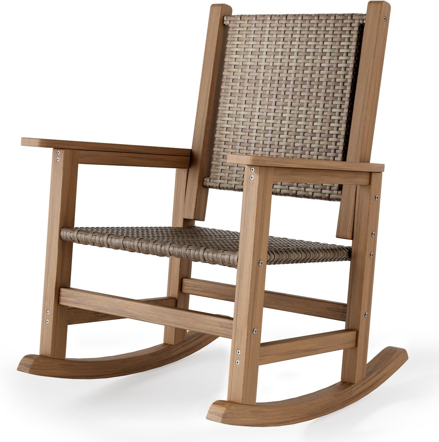 HDPE Rocking Chair Outdoor 1 PCS, Wicker Rocking Chair for Patio, Woven Seat & Back, All Weather Rocking Chair for Front Porch, Garden, Lawn and Balcony (Brown)