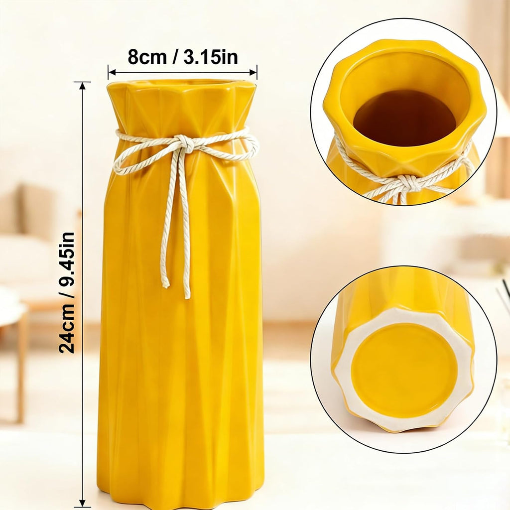 Disoza Ceramic Vase for Home Decor Yellow Modern Flower Vase for Pampas Grass Dried Flowers 9.5" H x 3.9" W Vases for Living Room Decorations Porcelain Tulip Vases for Table Kitchen Decor