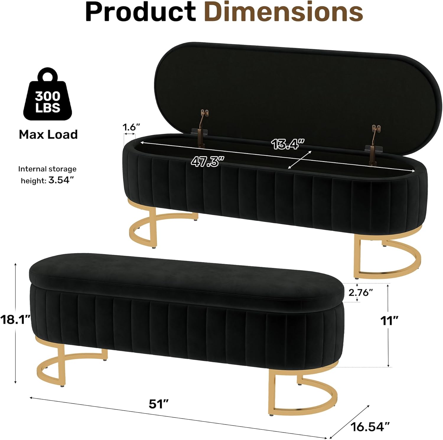 51 Inch Storage Ottoman Bench Velvet End of Bed Storage Bench King Size Upholstered Tufted Bench Large Space for Bedroom Living Room Entryway Black
