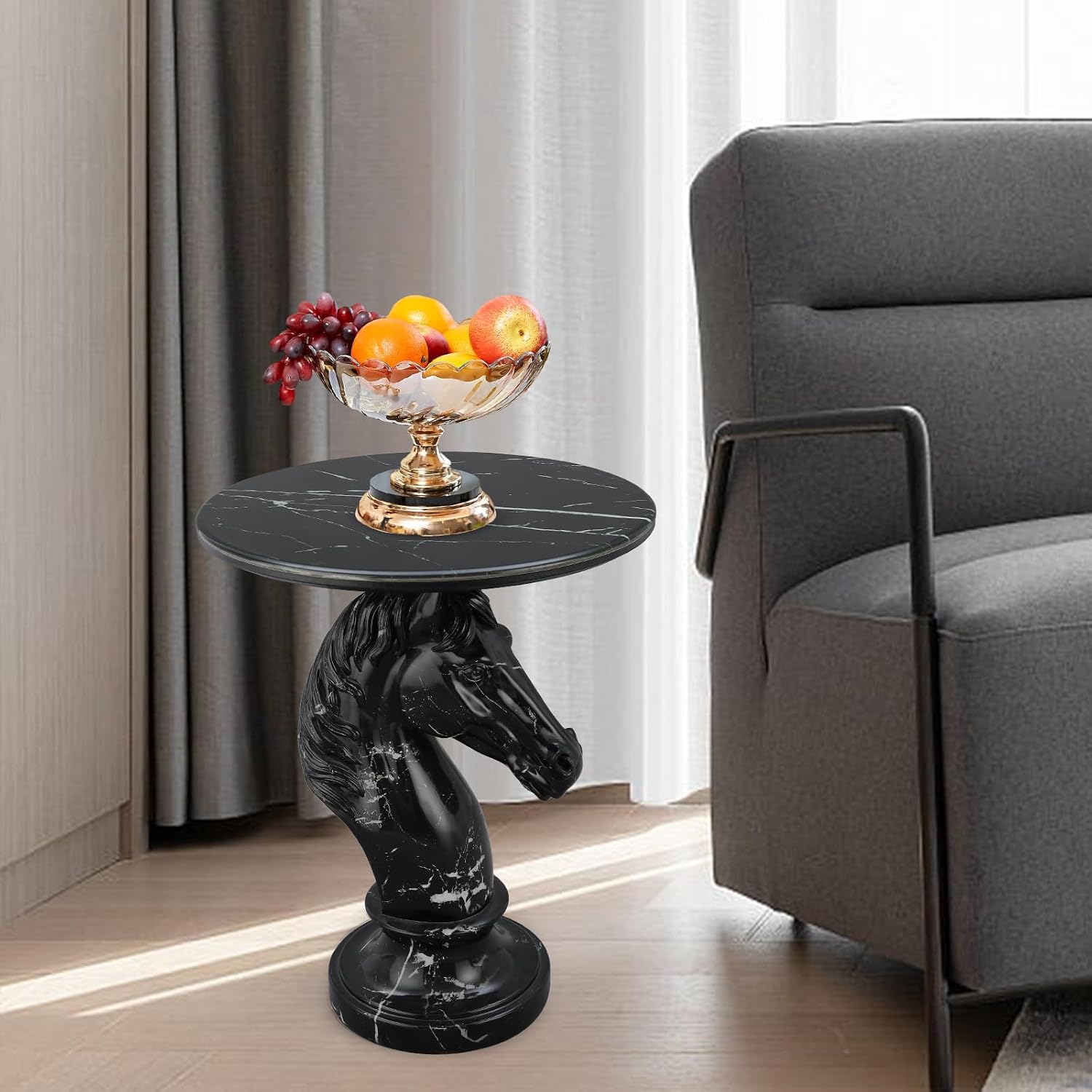 Horse Head Accent Side Table, Unique Animal End Table with Round Faux Marble Top, Animal Statues for Home Decor, Modern Classical Floor Statue for Living Room Bedroom Entryway (Horse Head-B)