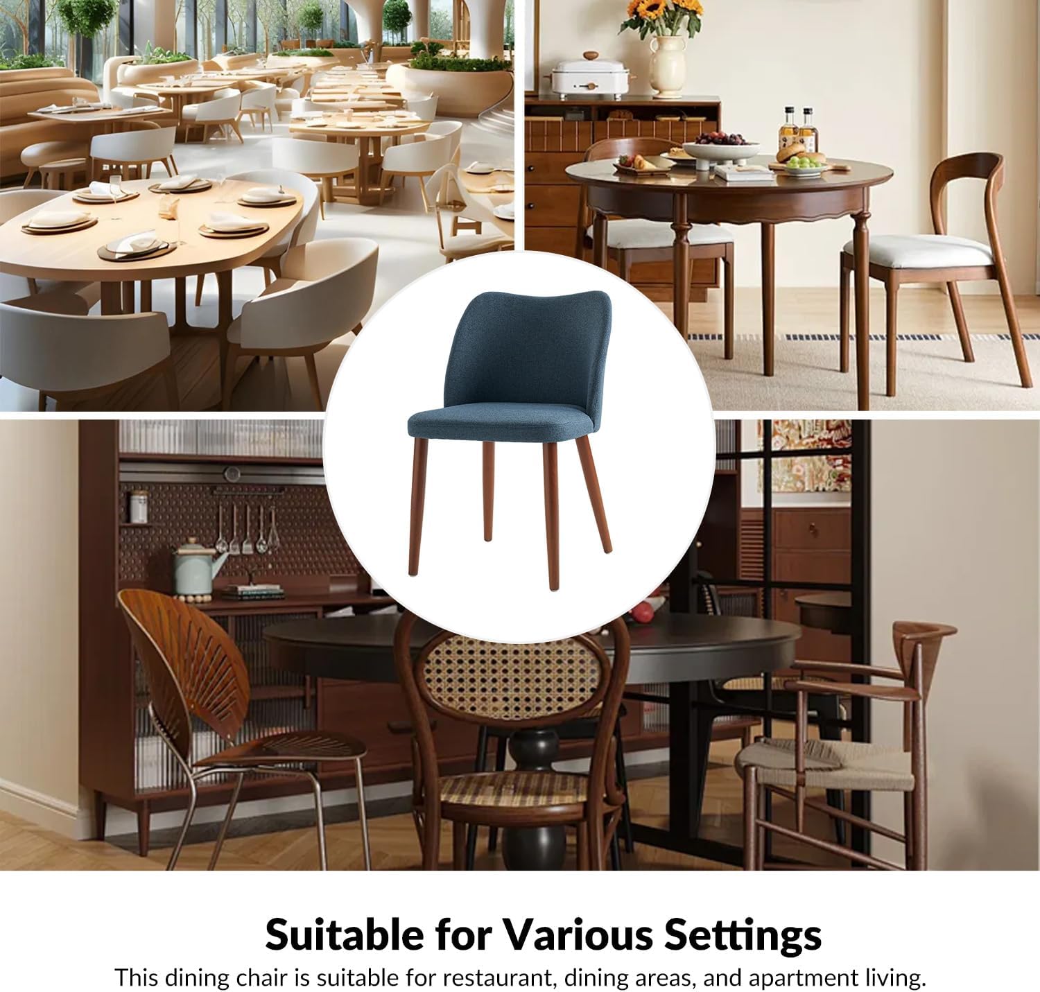 Dining Chairs Set of 6, Upholstered Kitchen Dining Room Chair Set Morden Accent Side Dinner Chair with Curved Padded Back Wood Legs for Restaurant/Cafe, Navy