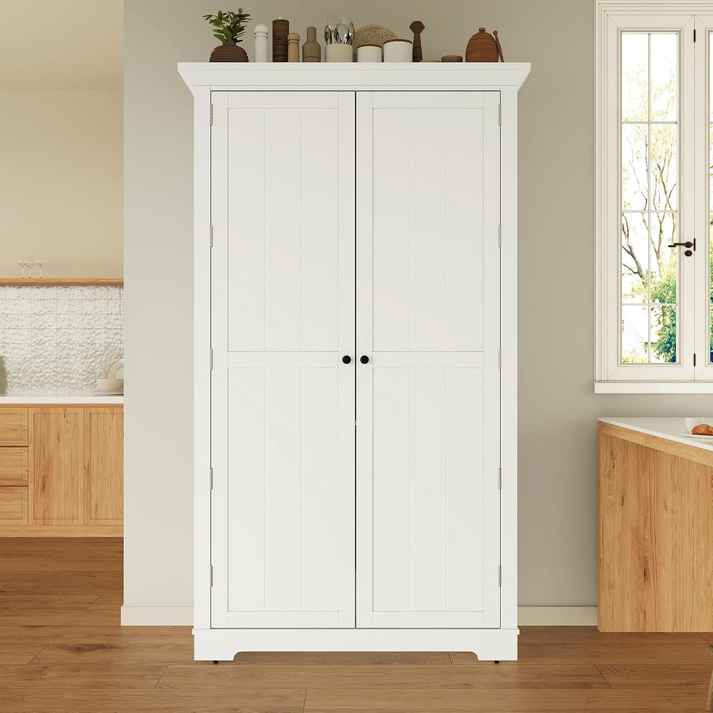 Shaker Style Kitchen Pantry with Drawers, Freestanding Storage Cupboard with Door Shelves, Adjustable Shelves and Pull-Out Trays,for Dining Room (White-B)